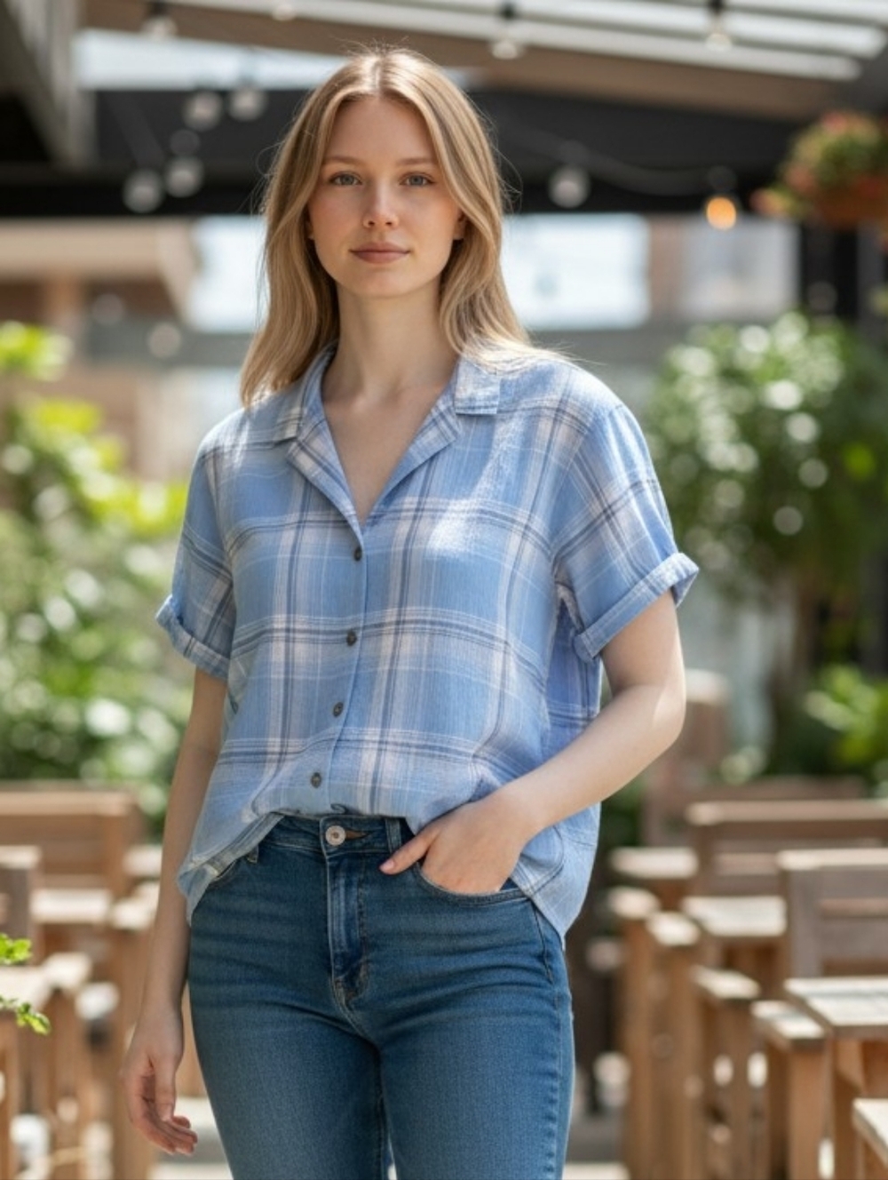 Eddie Bauer Blue Plaid Women's Button-Up Shirt